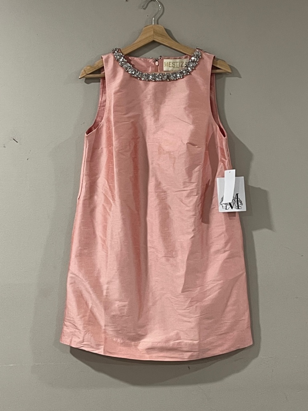 Mestiza New York Pink Satin Shift Dress with Crystal Embellished Neckline